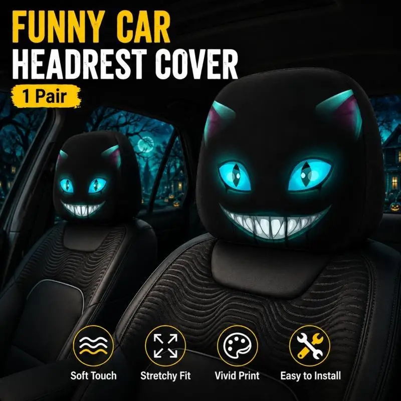 2PCS Funny Cat Car Headrest Covers, Halloween Car Accessories, Stretch Fit Auto Headrest Decor for Car Interior