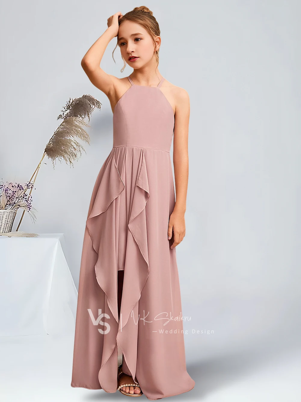 Robe de Demoiselle d'Honneur Trapèze en Mousseline de Soie, Tenue Élégante, Longueur au Sol, Rose Poussiéreux, Magnifique, pour ixde Mariage, pour Enfant