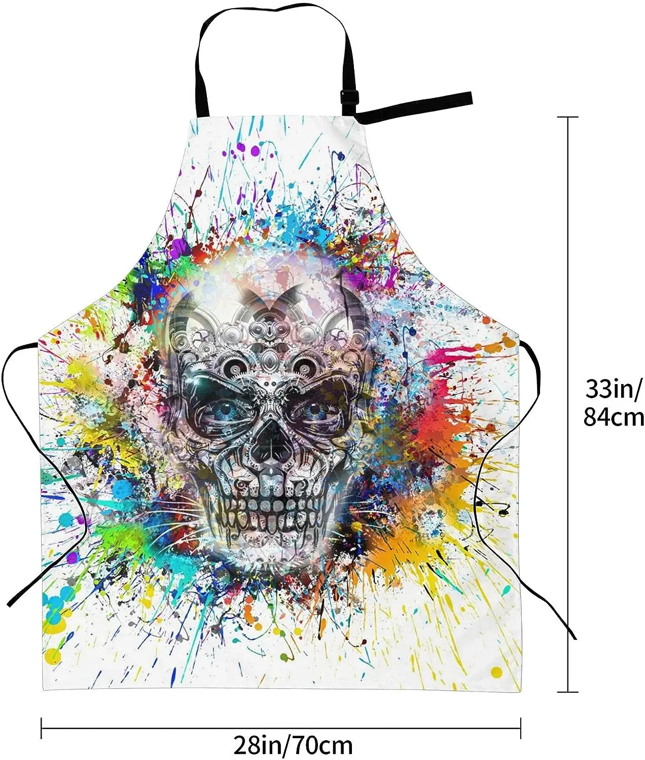 Halloween Skull Colorful Splash Waterproof Apron with 2 Pockets Kitchen Chef Bib for Men Women Cooking BBQ Drawing Gardening