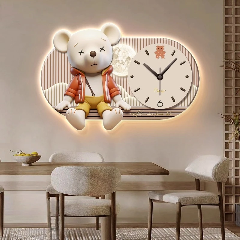 

Cream Style Living Room Decoration Wall Clock Cartoon Design Clock Mural LED Mute Entrance Hall Hanging Painting Quartz Clock