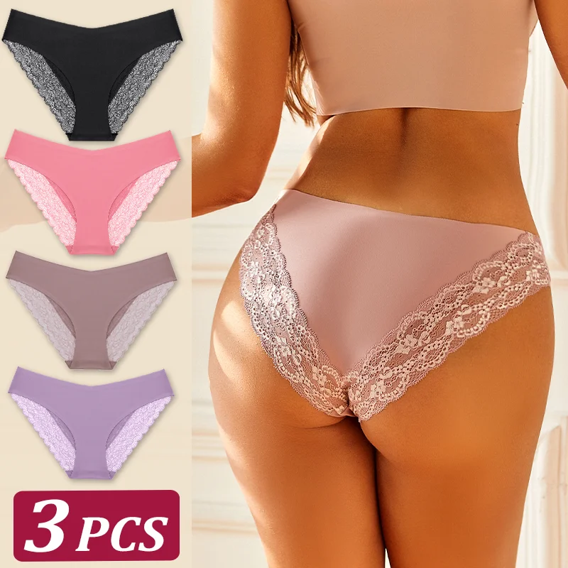 3 pçs/set mulheres sexy calcinha sem costura feminino rendas emenda briefs v-cintura baixa ascensão roupa interior de seda gelo traço íntimo lingerie