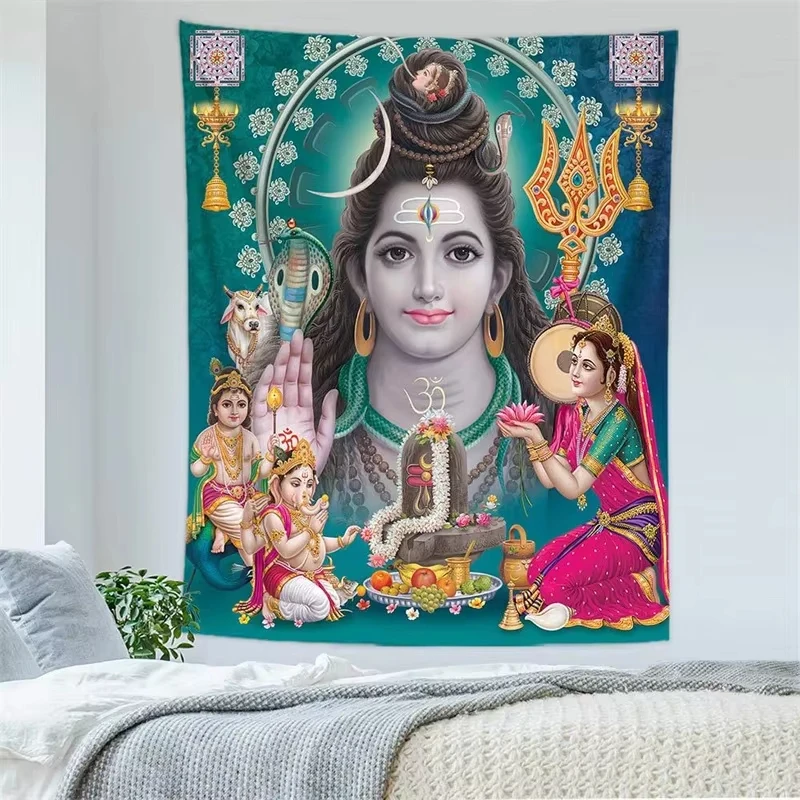 VIKAMA Shiva Tapestry, Ganesha and Parvati Indian Deity Polyester Wall Hanging, Meditation Room & Bedroom Indian Home Wall Decor