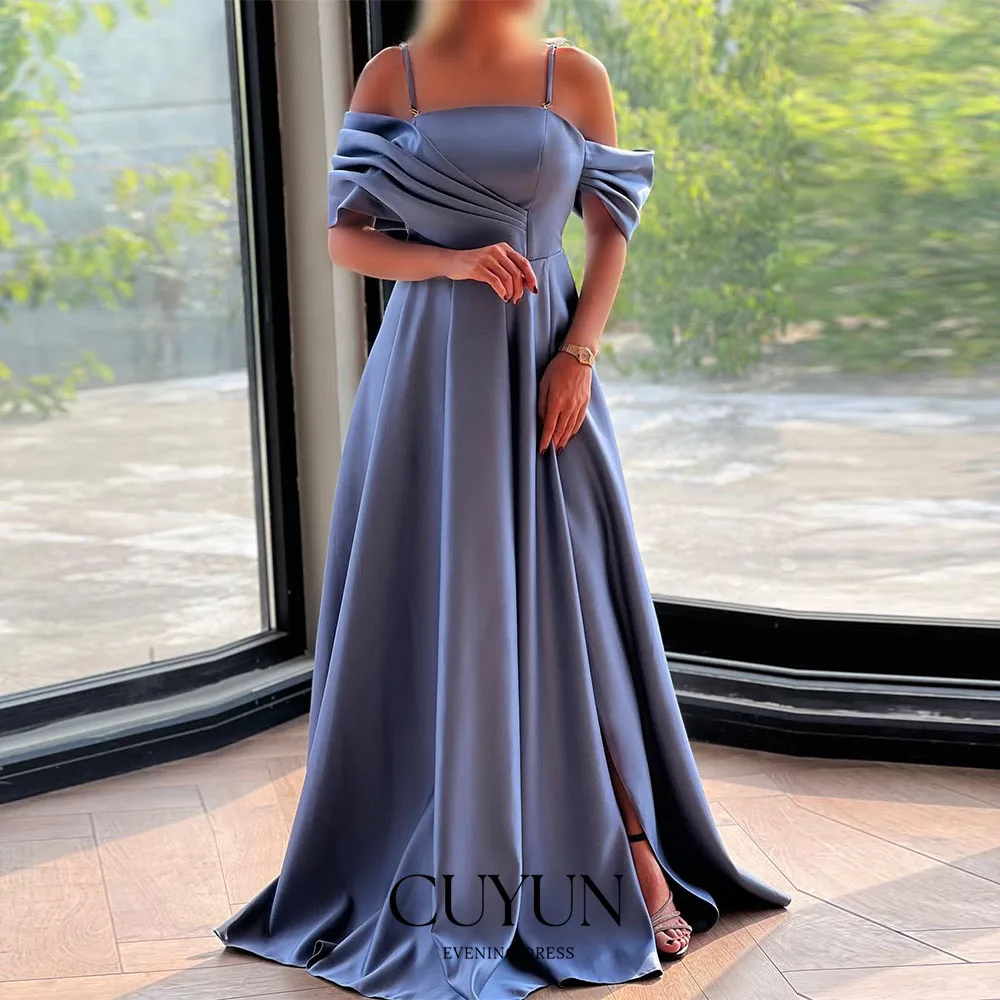 Suknie wieczorowe CUYUN szyte na miarę, długie, w kolorze błękitnym, z odkrytymi ramionami, eleganckie sukienki damskie na wieczór, plisowane, do ziemi, na wesele/przyjęcie.