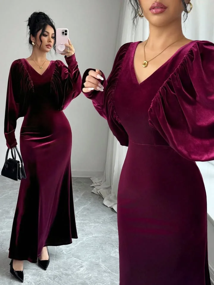 

Evening Luxury Dresses Dubai Velvet Vintage Sexy Formal Occasion Prom Gowns Claret vestidos en liquidación envío gratis