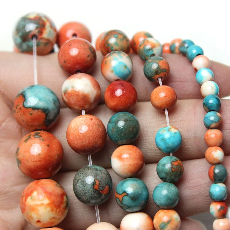 Natural Orange Blue Colorful Rain Jaspers  Stone Round Loose Spacer Beads For Jewelry Making  DIY 4/6/8/10/12mm Bracelet 15\'\'