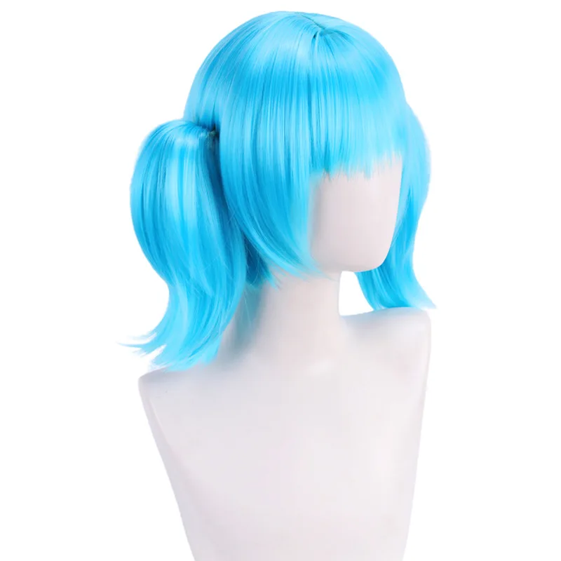 Peluca azul para Sally Face Cosplay, pelo corto, Anime Sythetic Party con 2 colas de caballo