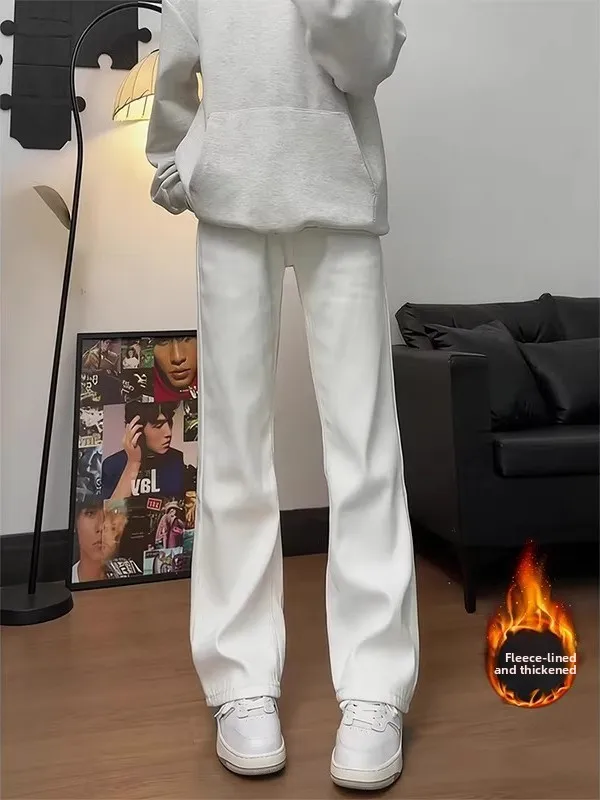 

Cleanfit Fce Lined White Jeans Men's Autumn Winter High Waist Straight Leg Bell Bot American Vibe Casual Denim Trousers
