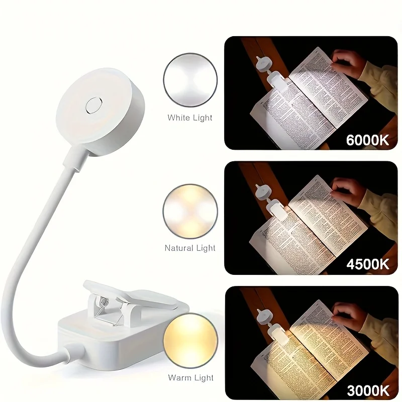 Zusammenklappbare Mini-Clip-Buchlampe, USB wiederaufladbar, LED-Nachtlicht, 3 Modi, Augenschutz, stufenlos dimmbar, flexibel, zum Lesen im Schlafzimmer