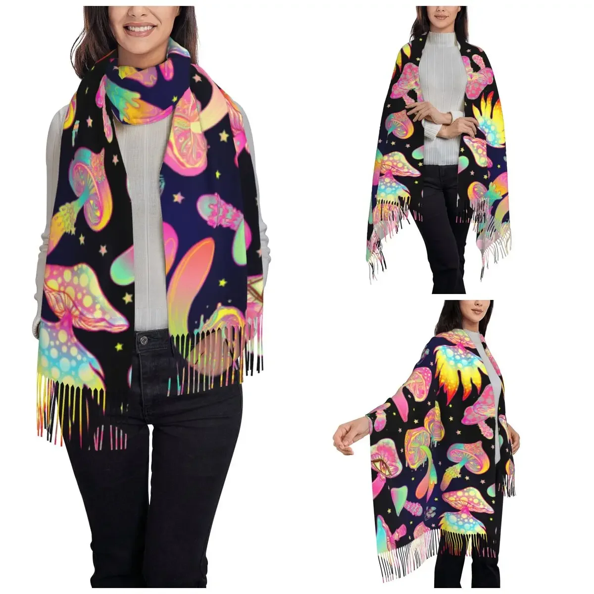 Magic Mushrooms Psychedelic Scarf for Women Winter Fall Pashmina Shawls and Wrap Hippie Boho Long Shawl Scarf for Ladies