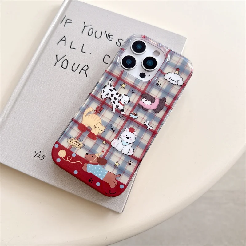 Корейский чехол для телефона с красным, синим клетчатым узором для iPhone 16 Pro 15 14 17 Pro Max, задняя крышка с ремешком-цепочкой, защитные чехлы для Gir