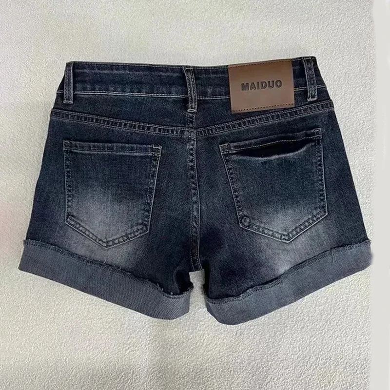Retro roll up hem profundo azul denim shorts feminino verão sexy baixo aumento cobrindo calças quentes americano angustiado lavado jean curto