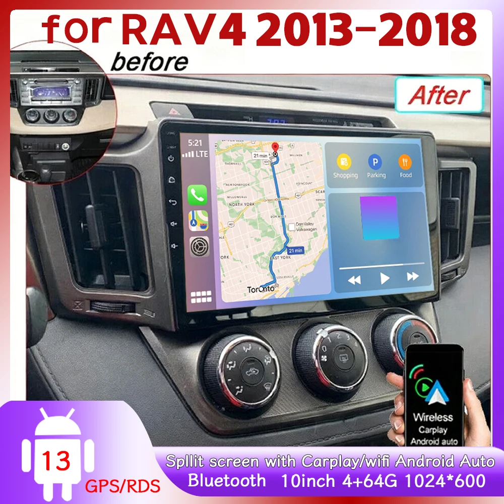 Car Stereo Multimedia Video Player GPS Navigation 9'' with Android13 Carplay Android Auto Split Screen for Toyota RAV4 2013-2018