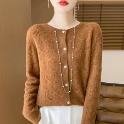100% Merino Wool Long Sleeve Sweaters Cashmere Cardigan Autumn Winter Women Hollow-out O-Neck Knitwear Tops Clothing Fashion Top