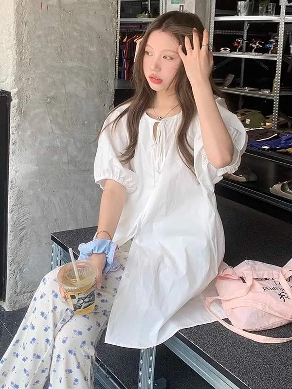 

Loose Women's Bubble Sve irt Korean Sle Lazy Faion High Waist Belted Mid-Length Women's Premium Feel irt