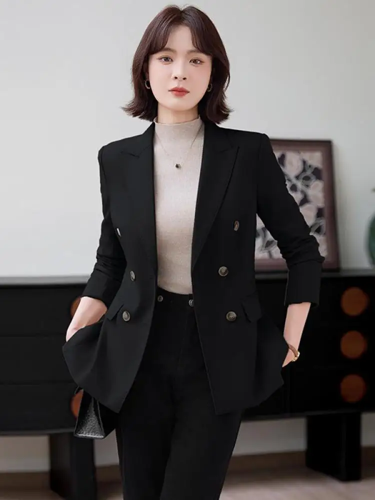 Korean Fashion Frauen Solide Elegante Lange Ärmeln Blazer Mantel Herbst Winter Vielseitig Zweireiher Tops 2025, Casual Streetwear