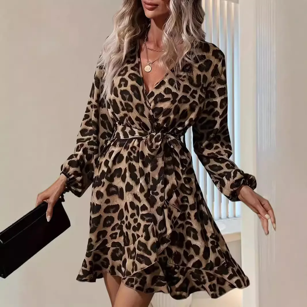 

2025 Spring Summer New Fashion Leopard Print Dress Women's Elegant V-neck Long Sleeve Stripe Belt Dresses Casual Party Vestidos