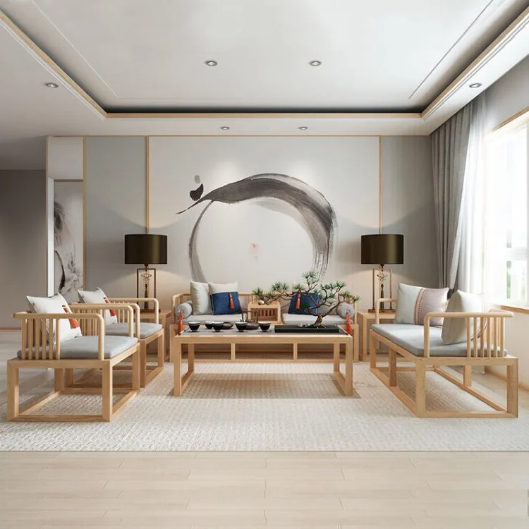 New Chinese log solid wood sofa combination, modern fabric sofa tea house