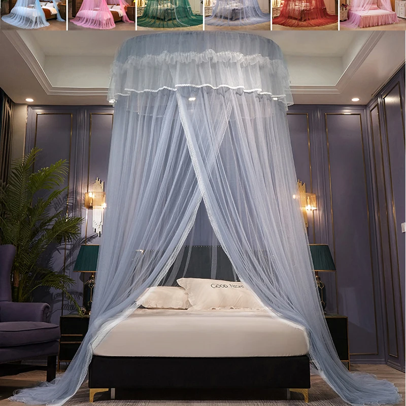 

Elegant Princess Round Dome Mosquito Net with Top Hook Lace Bed Canopy Breathable Encrypted Mesh for Romantic Wedding Bedroom