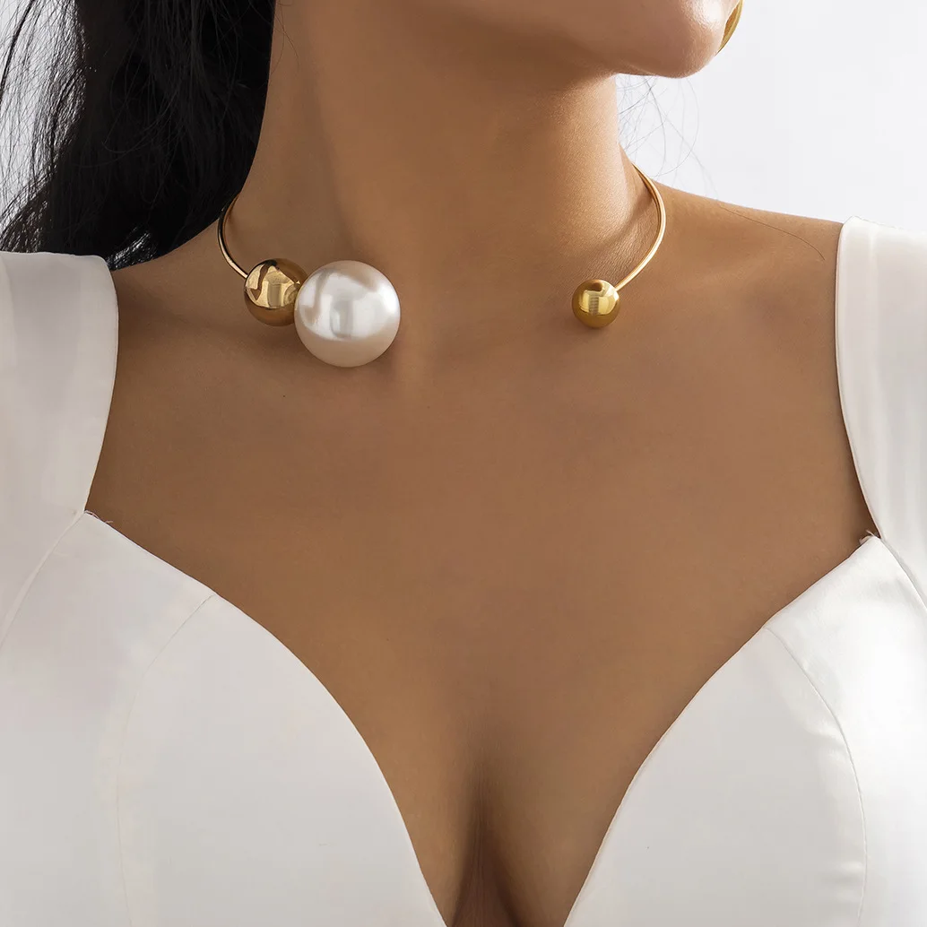 Choker Necklace Metal Ring Asymmetrical Faux Pearl Beads Adjustable Antique Silver Tone Comfortable Daily Office Wear Jewelry
