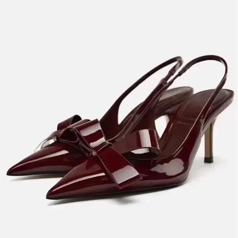 

Patent Leather Designer Sandals Female Fashion Slingbacks Banquet Party Shoes Bowknot Brand Sexy Pointed Toe High Heels Women