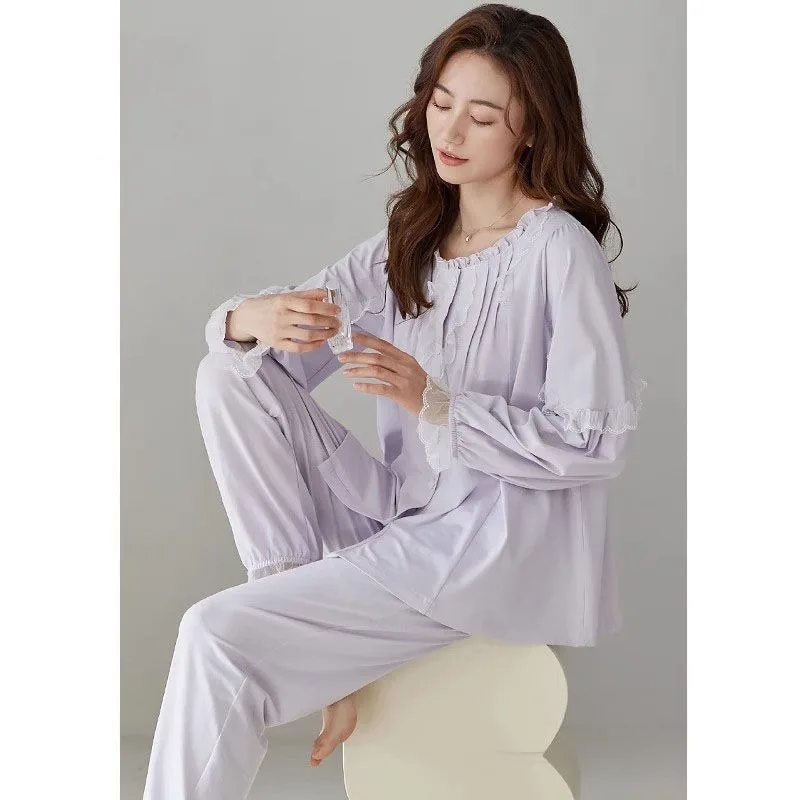 2024 New Cotton Pajamas Women Long-sleeved Spring Autumn Loungewear Cardigan Homewear Suit Loose Falbala Plus Size Sleepwear