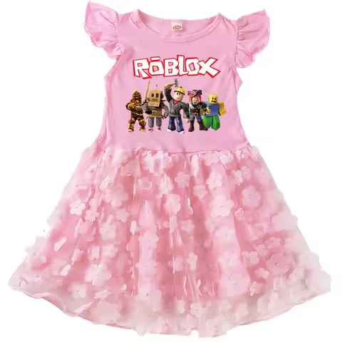 Anime Roblox Creative Cartoon Cotton Dress for Girls Summer Top with Rainbow Skirt Lace Detailing Kids Party Evening Outfit Gift