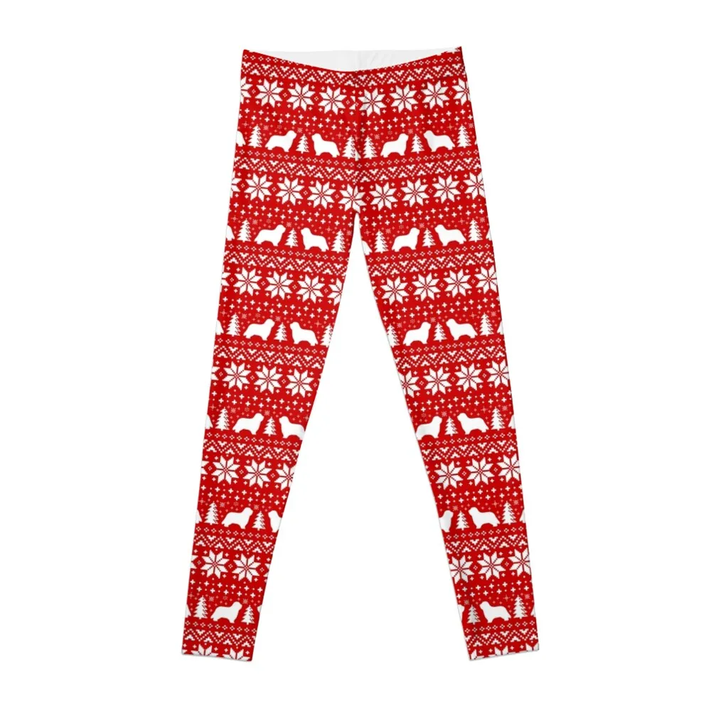 Bearded Collie Silhouettes Red and White Christmas Holiday Pattern Leggings leggins push up woman Womens Leggings