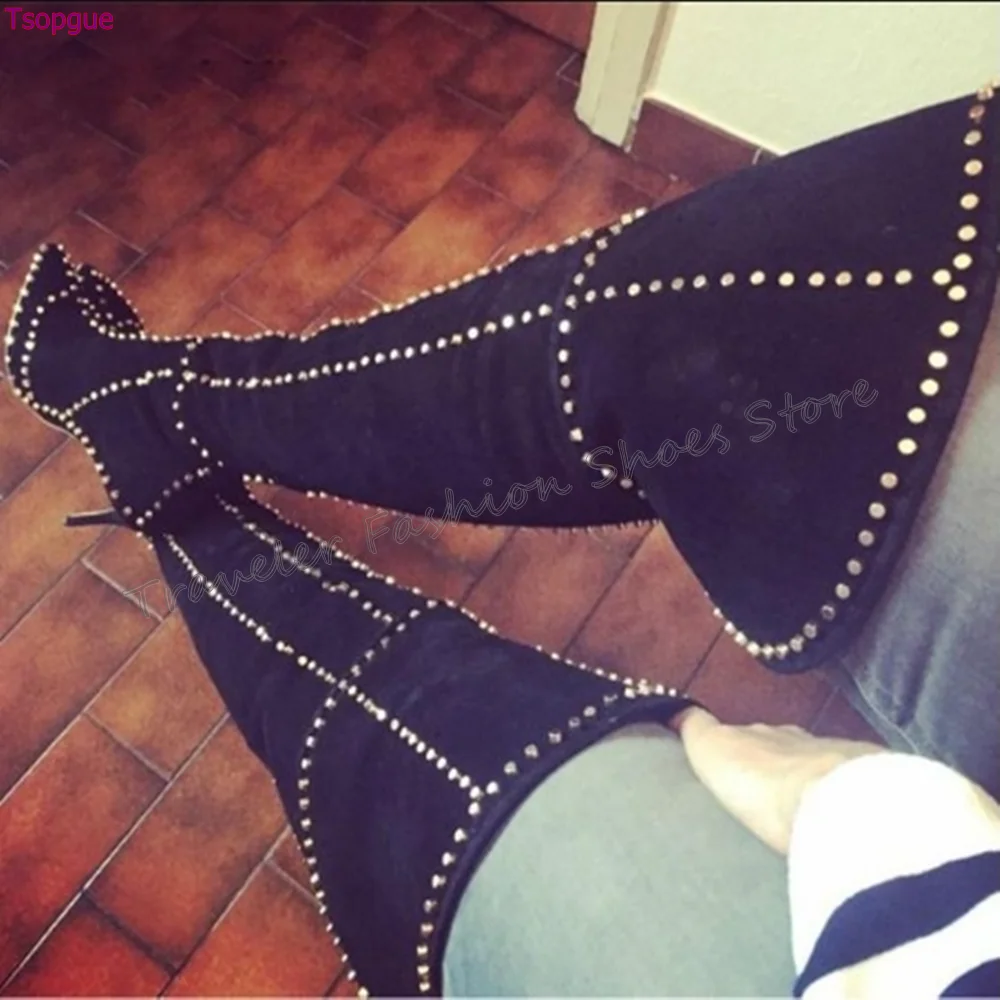 

Black Rivet Decor Pointed Toe Boots Over the Knee Thin High Heels High Heel Shoes for Women Heels 2024 New Zapatos Para Mujere