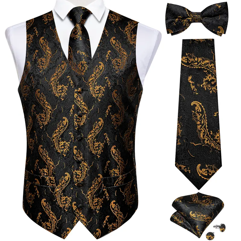 Men Black Paisley Vest Necktie Bowtie Pocket Square Cufflinks Dress Set жилетка мужская Classic 5 PCS Business Waistcoat for Man - Image 20