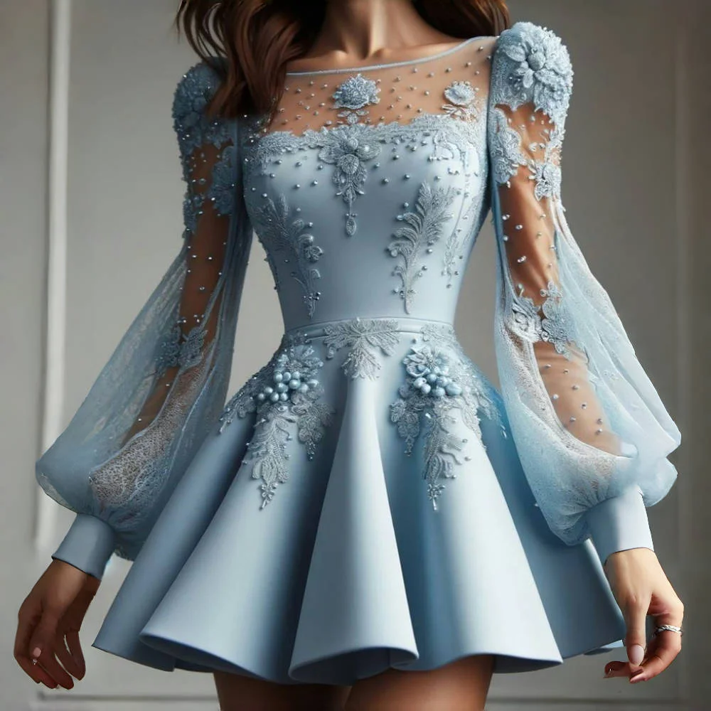 

Light Sky Blue Short Prom Dress Long Sleeves Mini A-Line Satin Homecoming Dress Customized Wedding Party Gown Lace Appliques