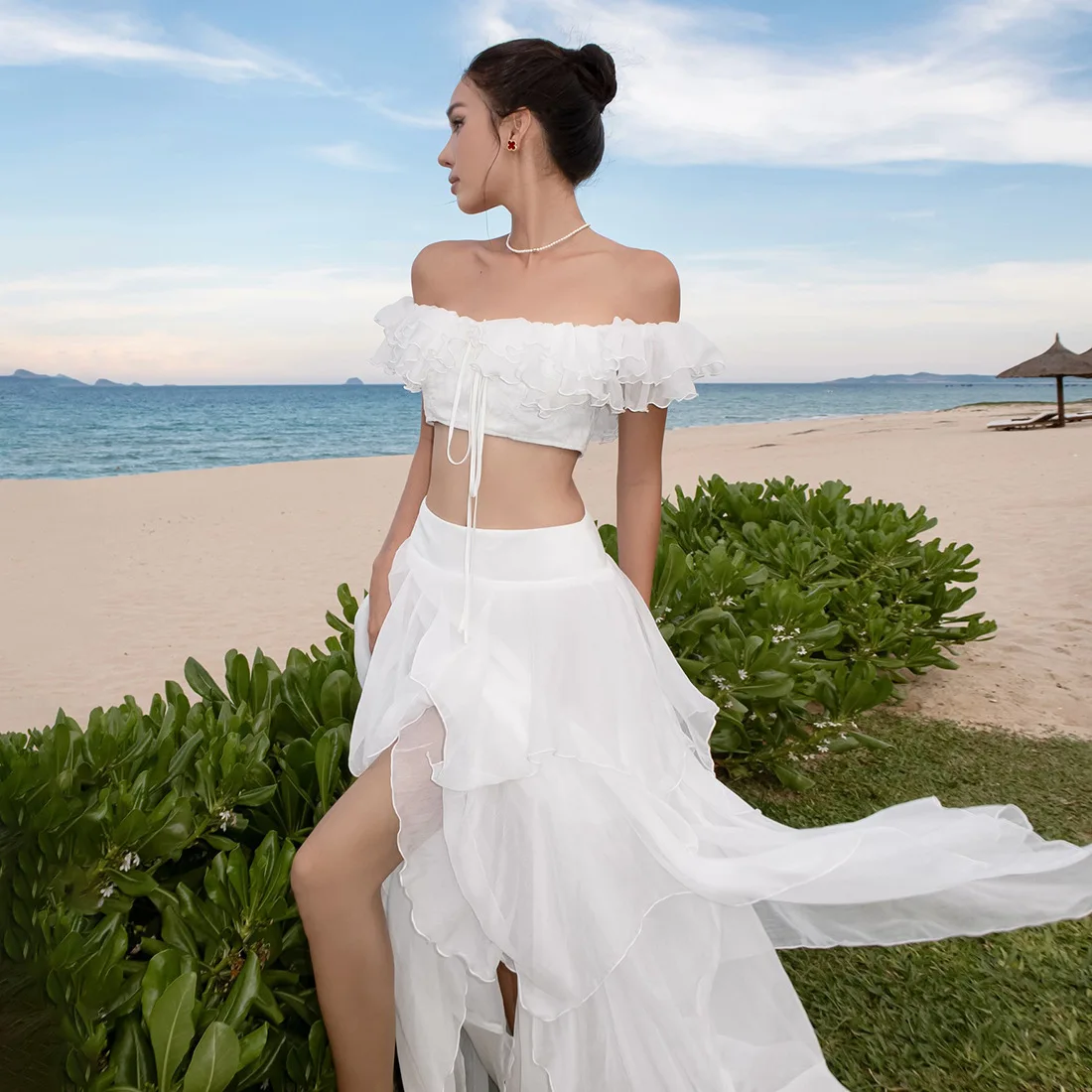 

Новый летний женский однотонный облегающий топ-труба с высоким разрезом, асимметричная юбка, комплект Faionable Ele, повседневная одежда