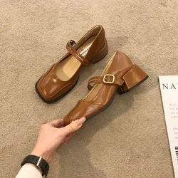 Koreaanse Schoenen Damesschoenen Vierkante Neus Britse Stijl Oxfords Dames 2024 Jurk Comfortabele Preppy Lederen Retro Zomer Nieuwe Med