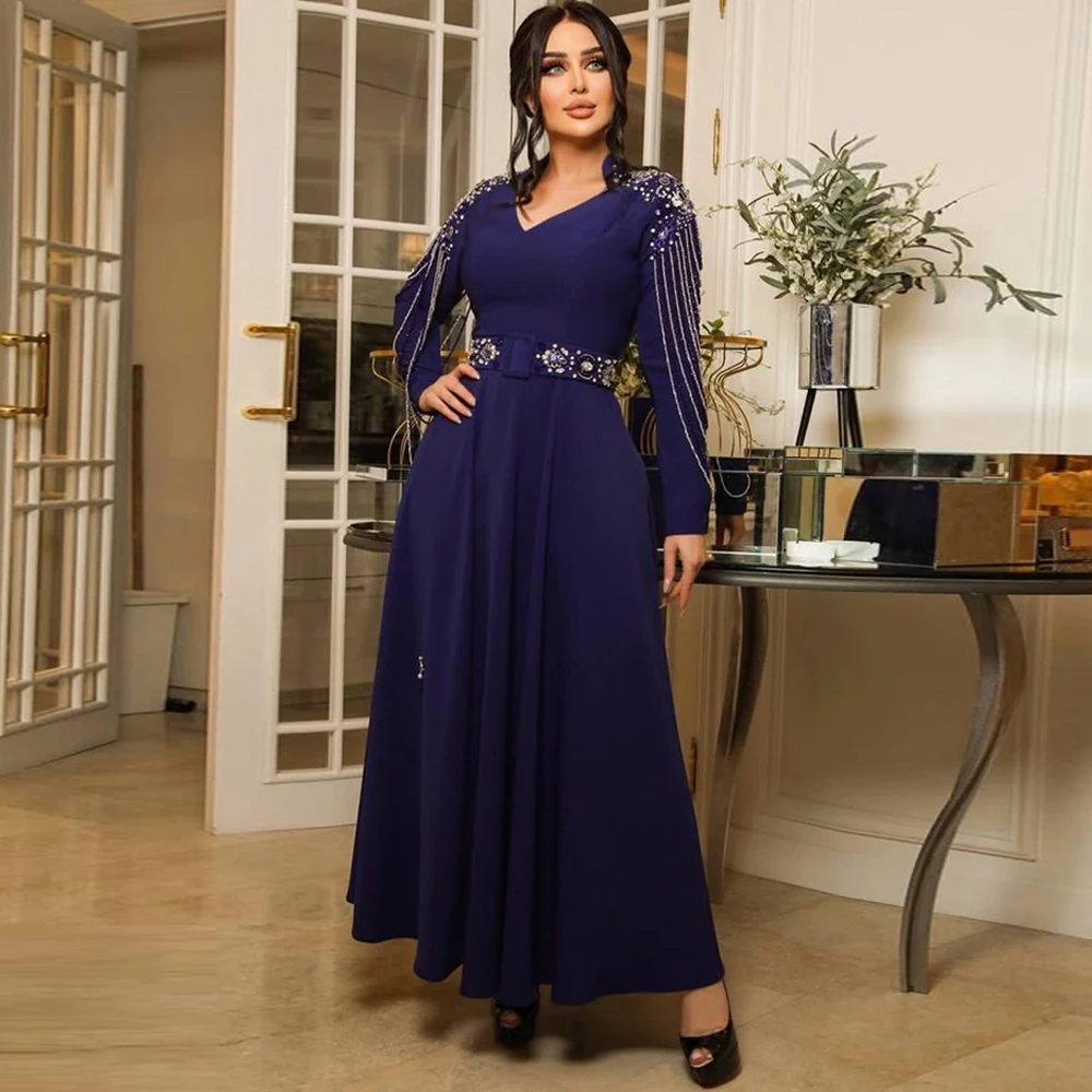 

Formal Blue Jersey Evening Dress Classic Long Sleeves Party Dresses Fashion Beading Crystal Customized Special Occasion Gowns