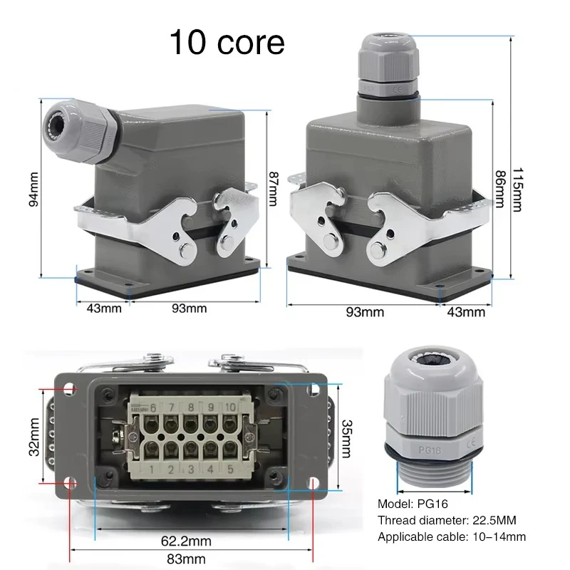 Rectangular Heavy Duty Connector HDC-HE4 6 10 16 20 24 32 48 Core Pin 16A Waterproof Aviation Plug  Top  and Side Line Connector