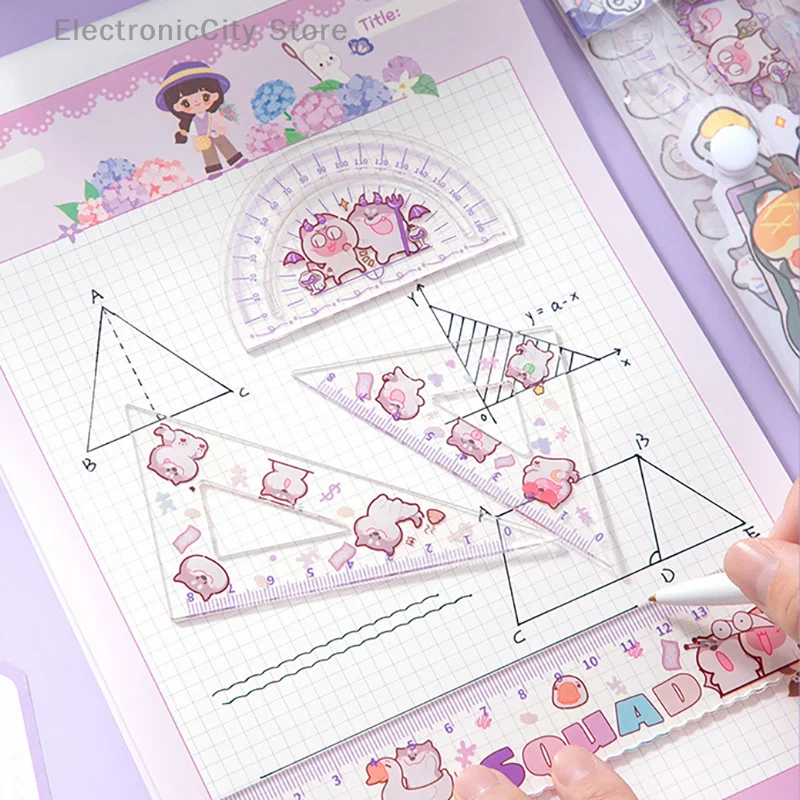 1Set Cute Transparent Measuring Trigonometric Straightedge Protractor Student Essential Measuring Acrylic Ruler School Supplies