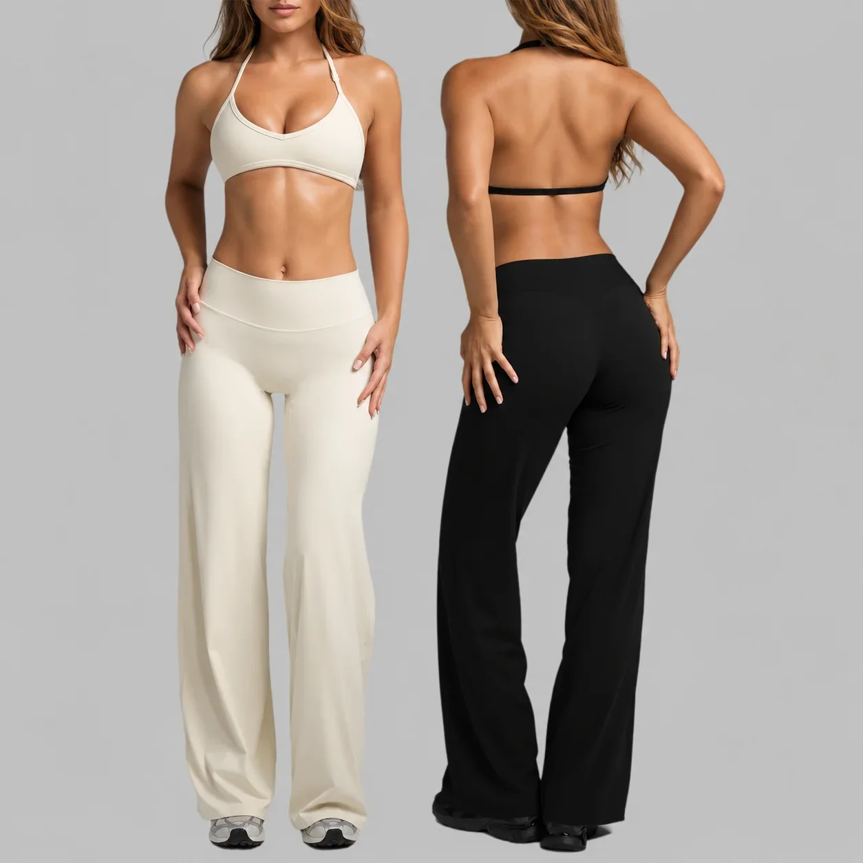 New  Women Summer Halter Sports Bra Set Open Back Push Up Yoga Outfit 2 Piece Gym Workout Bralette Pants Set Sexy Outside Wear