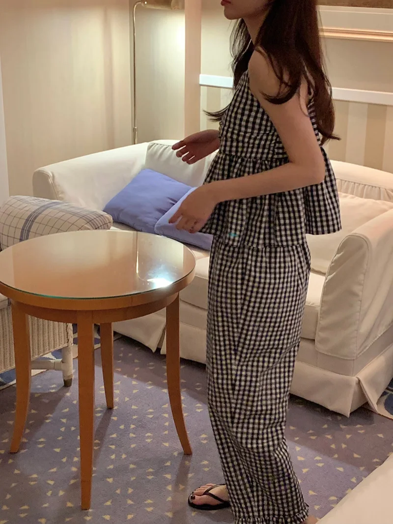 

Women's Plaid Strap Vest Loose Slim Pleated Hem Elastic Waist Loose Straight Nine-Piece Pants Set Summer Faion Cotton