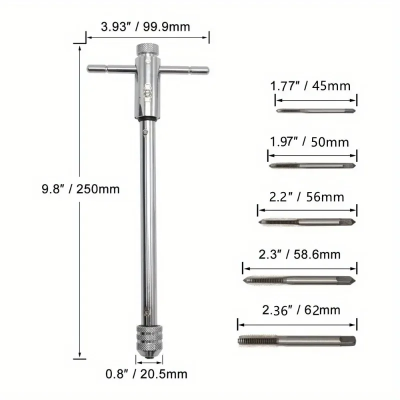 7 шт./компл., регулируемая Т-образная ручка, трещотка, держатель для метчика, гаечный ключ, машинная резьба, метрическая двусторонняя ручная резьба, набор метчиков, ручная резьба