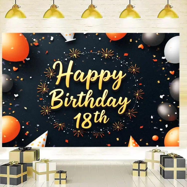 VIKAMA Happy Birthday Backdrop Tapestry Black Gold Balloon Cake Confetti Wall Hanging Adult Birthday Party Photo Decor