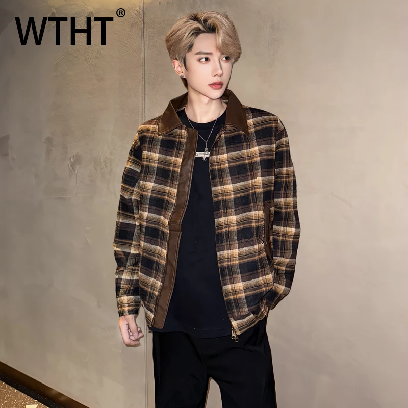 

WTHT модные осенние мужские клетчатые лоскутные дизайнерские пальто 2021, модные повседневные куртки с отложным воротником и длинными рукавами, мужские 2A2122