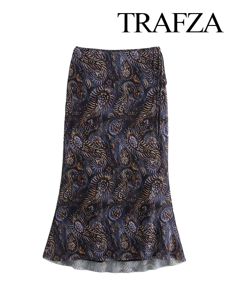 TRAFZA Women's Winter Fashion Vintage High Waist Printed Tulle Midi Skirt Female Elegant Lace Up Casual Ankle Length Skirt Mujer