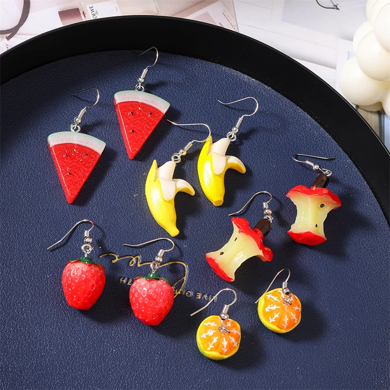 5 Paar/Set Zufällige Niedliche 3D-Frucht-Ohrhänger für Frauen, Harz-Ohrringe mit Apfel, Erdbeere, Banane, Hängende Ohrringe, Schmuckgeschenke für Mädchenpartys – Detail 6