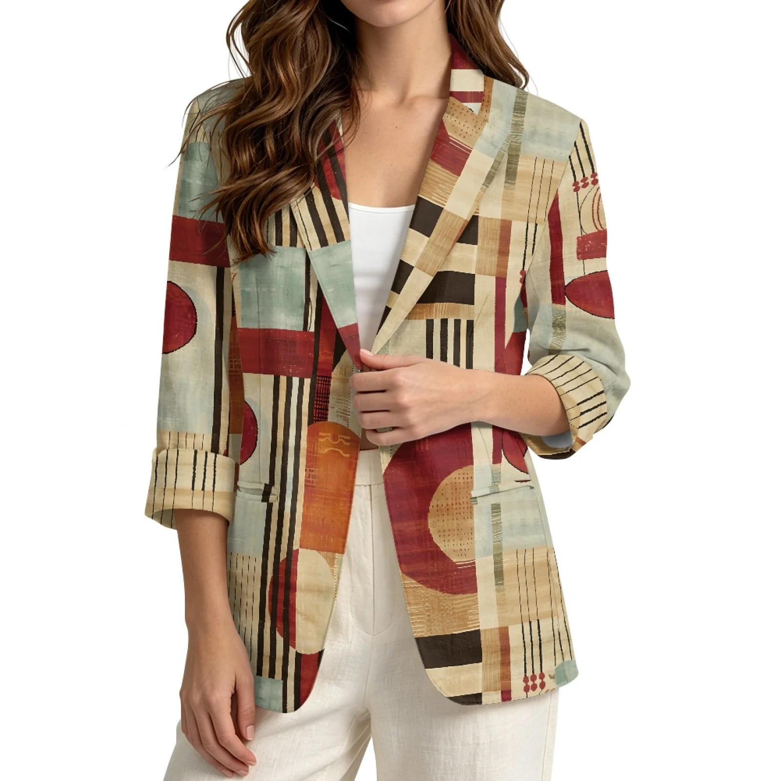 PENSTROLL Geometric Patchwork Linen Style Outerwear Cover Up Open Front Tops for Ladies Lightweight Peplum Cardigans