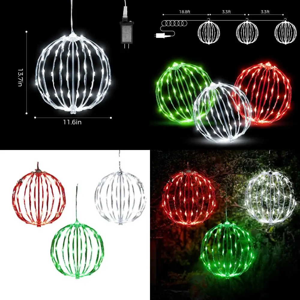 

Set of 3 Outdoor LED Hanging Tree Globe Lights, Foldable Metal Frame for Garden and Yard, Christmas Decoration (Red, Green, Cool