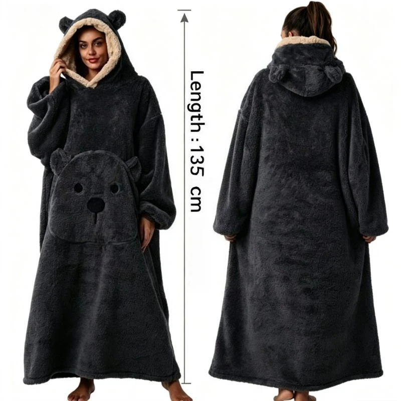 Long Length Bear Fleece Hooded Blanket with Sleeves Extra Thick Warm Wearable TV Throw for Adults Home Sleepwear Couch view 6