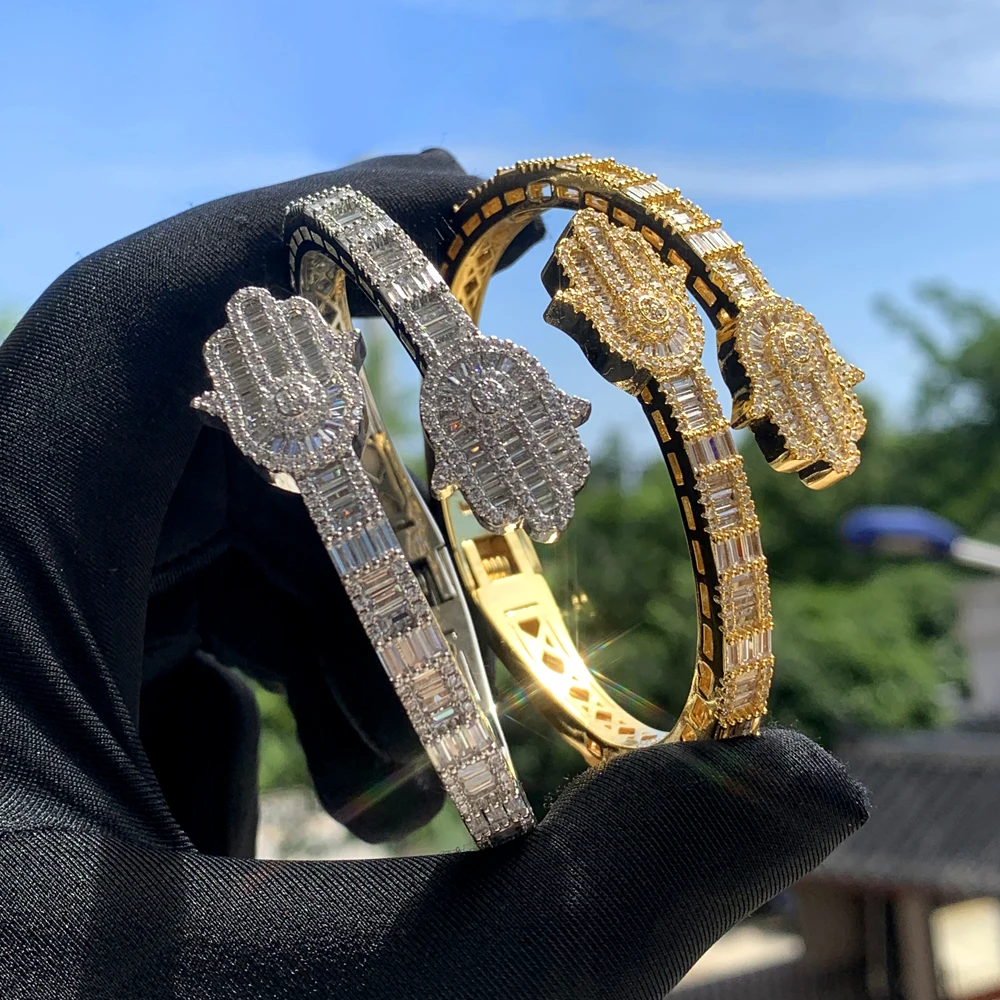 Iced Out Bling 5A CZ Custom Opened Square Cubic Zircon Paved Hamsa Hand Charm Bangle Bracelet Hip Hop Sparking Fashion Jewelry