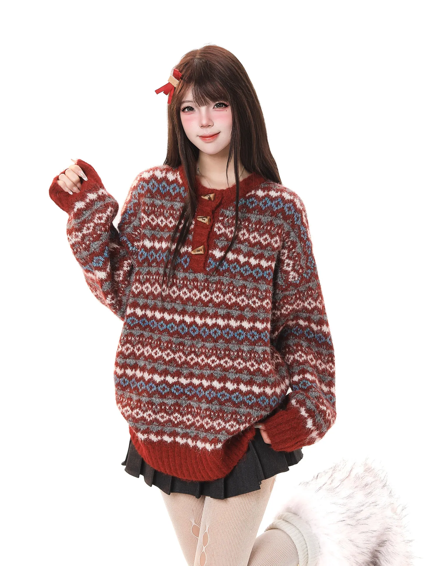 

Свободный красный вязаный свитер для женщин, осенне-зимняя новинка в корейском стиле, повседневный топ с круглым вырезом и длинными рукавами