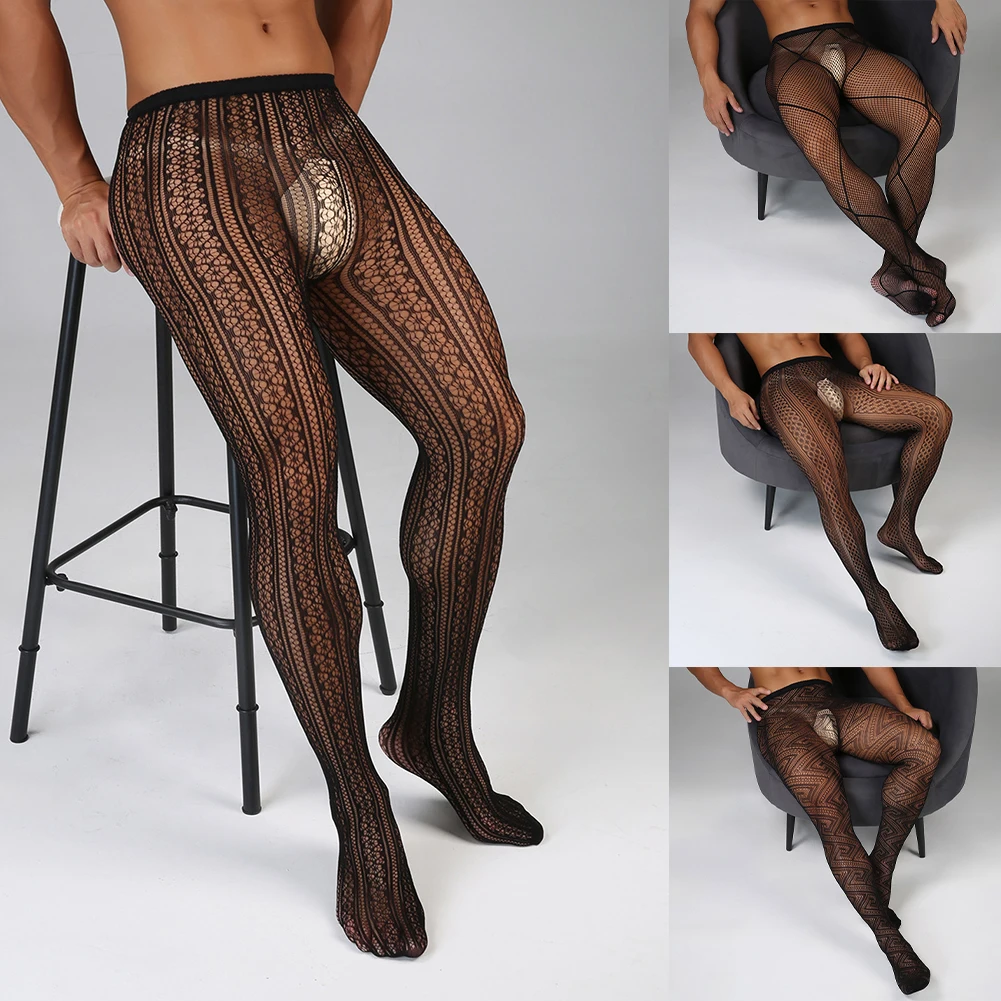 Heren sexy jacquard mesh panty visnetsokken voor nachtclubkleding doorzichtig ontwerp ademend polyester
