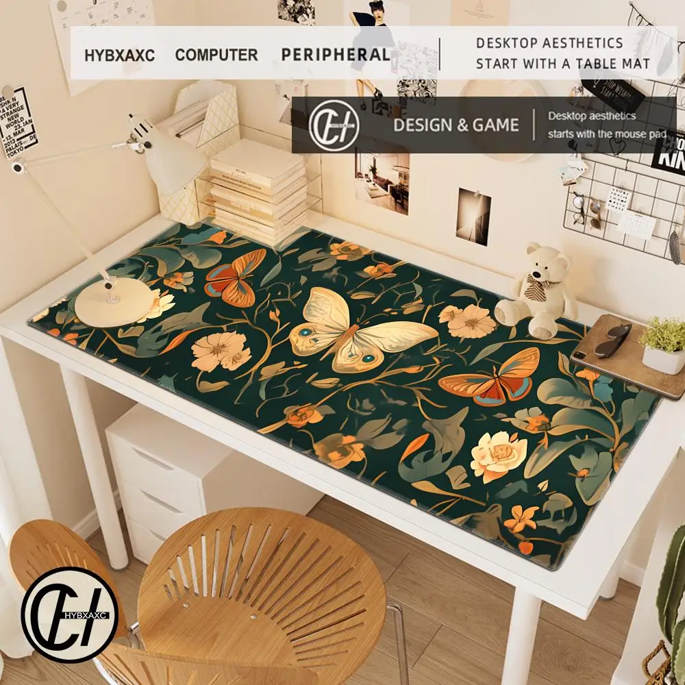 

Flower Owl Design Large Mouse Pad Anti-slip Rubber Office and Gaming Dark Green Bright Flowers Butterflies Game Plant Desk Mat