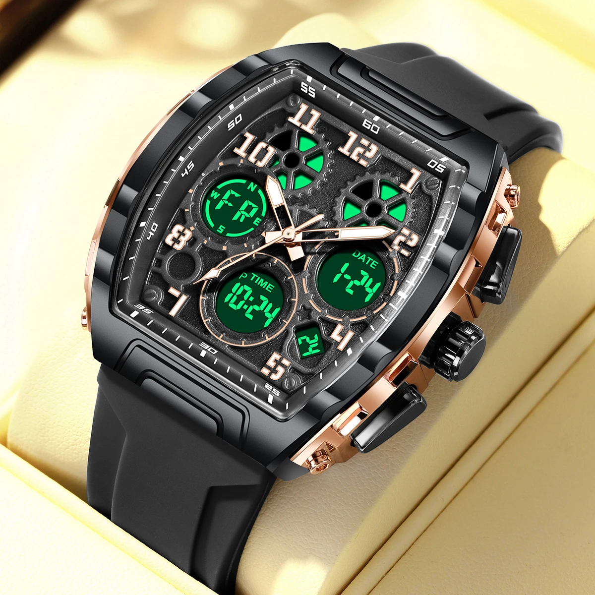 Foxbox Men Sports Digital Wrist Watches For Male Clock Dual Display Man Tonneau Watches Chronograph Luminous Silicone Band Watch